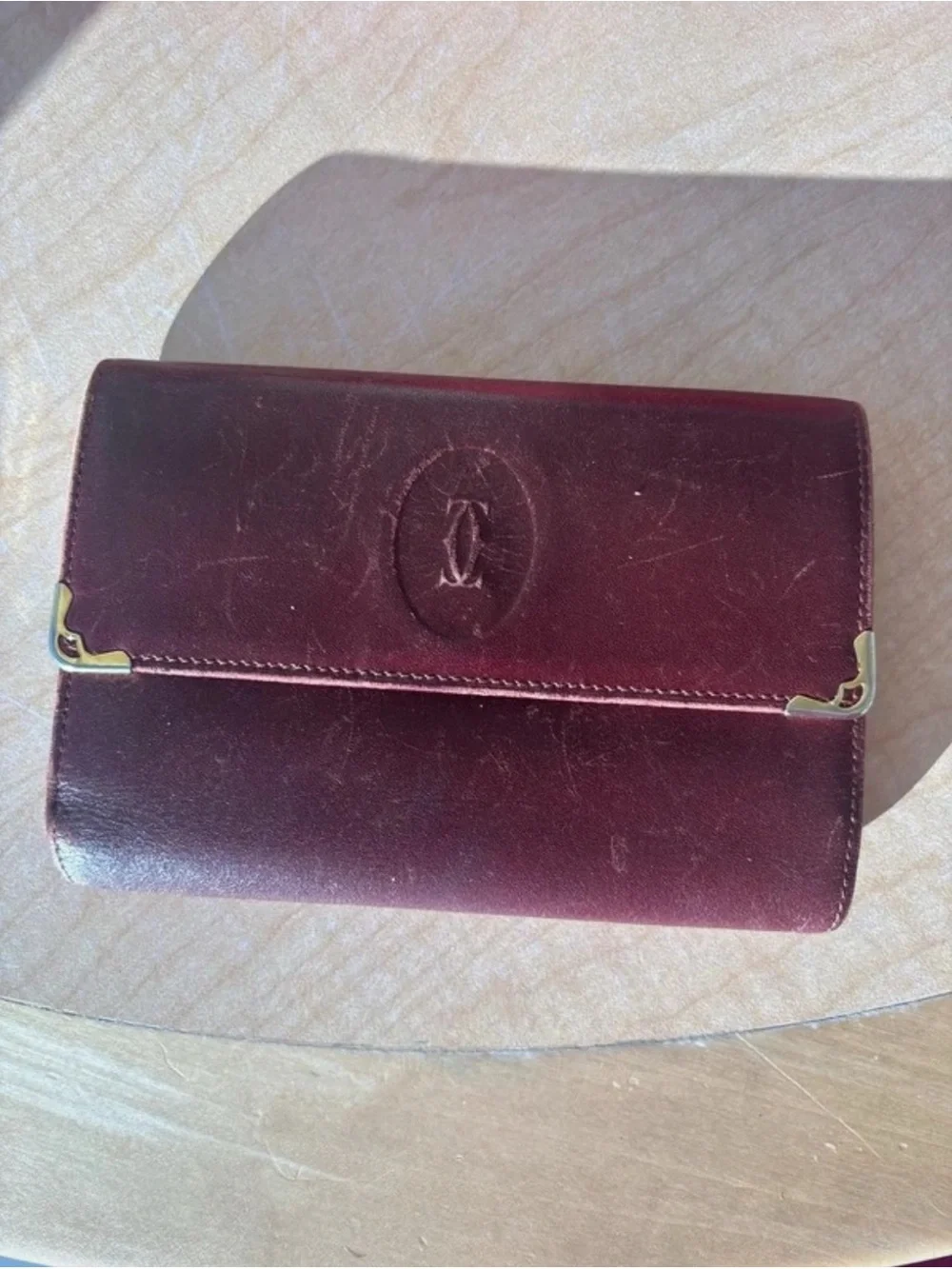 Cartier Burgundy Leather Wallet with Gold-Tone Corner Accents